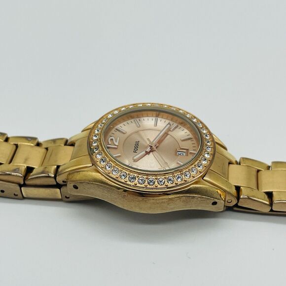 Fossil Mini Riley Watch Women Pave 30mm Gold Tone Date ES 2889 New Battery 6.5" - Picture 5 of 14
